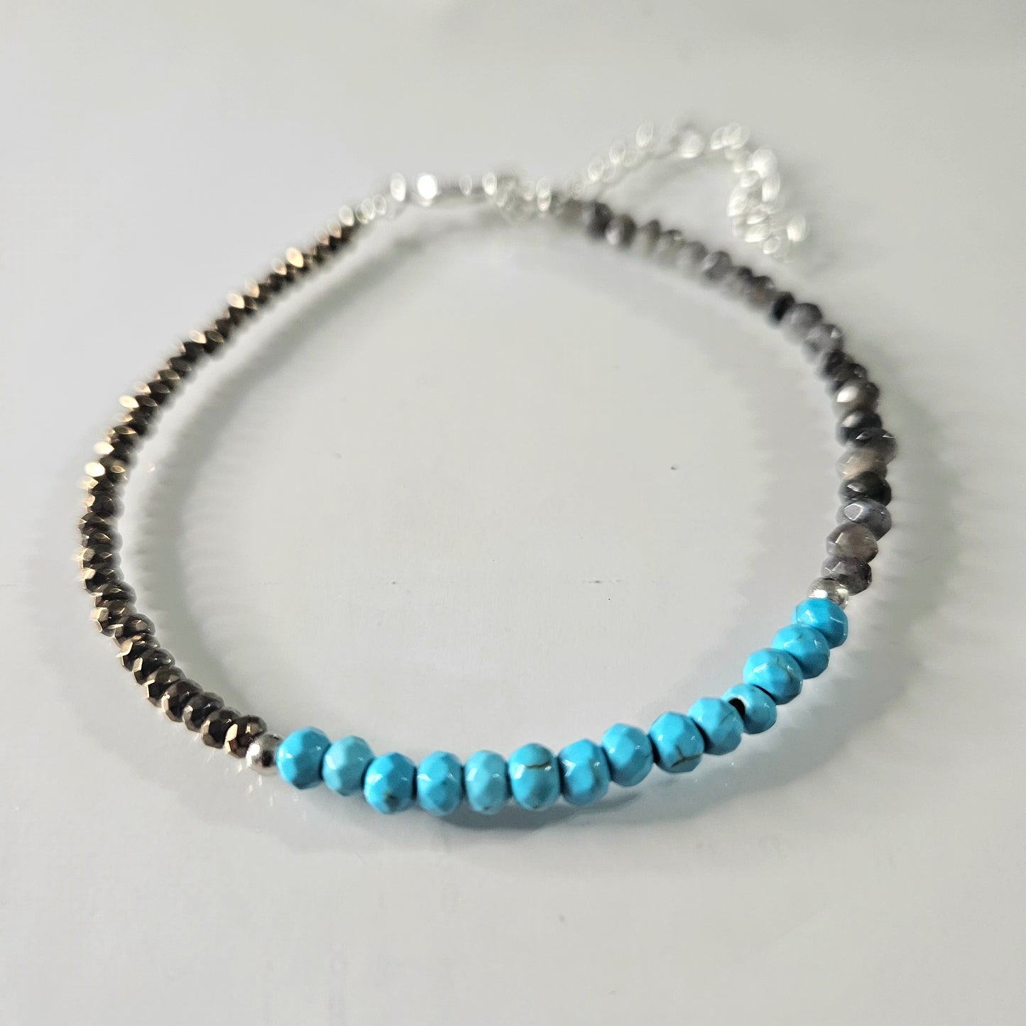 Pulsera pirita, labradorita y turquenita en Plata de Ley